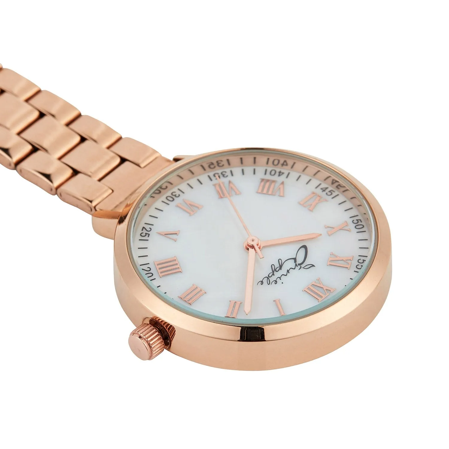 Annie Apple Nurses Fob Watch - Meraki - Pearl/Rose Gold - Link - 35mm