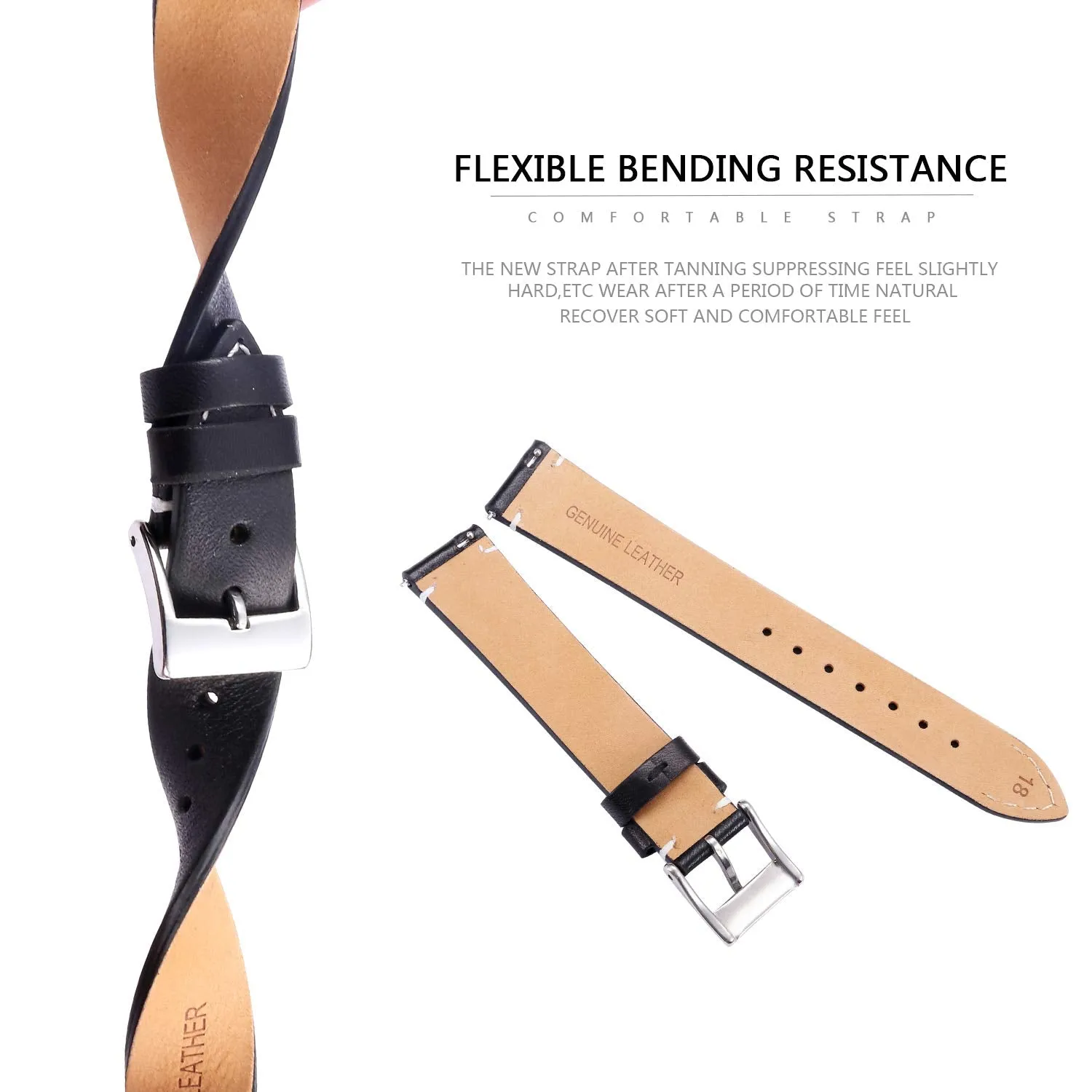 BINLUN Genuine Leather Watch Straps Quick Release Leather Watch Bands with Stainless Metal Buckle Clasp for Men Women 12mm 14mm 16mm 18mm 20mm 22mm 24mm Black