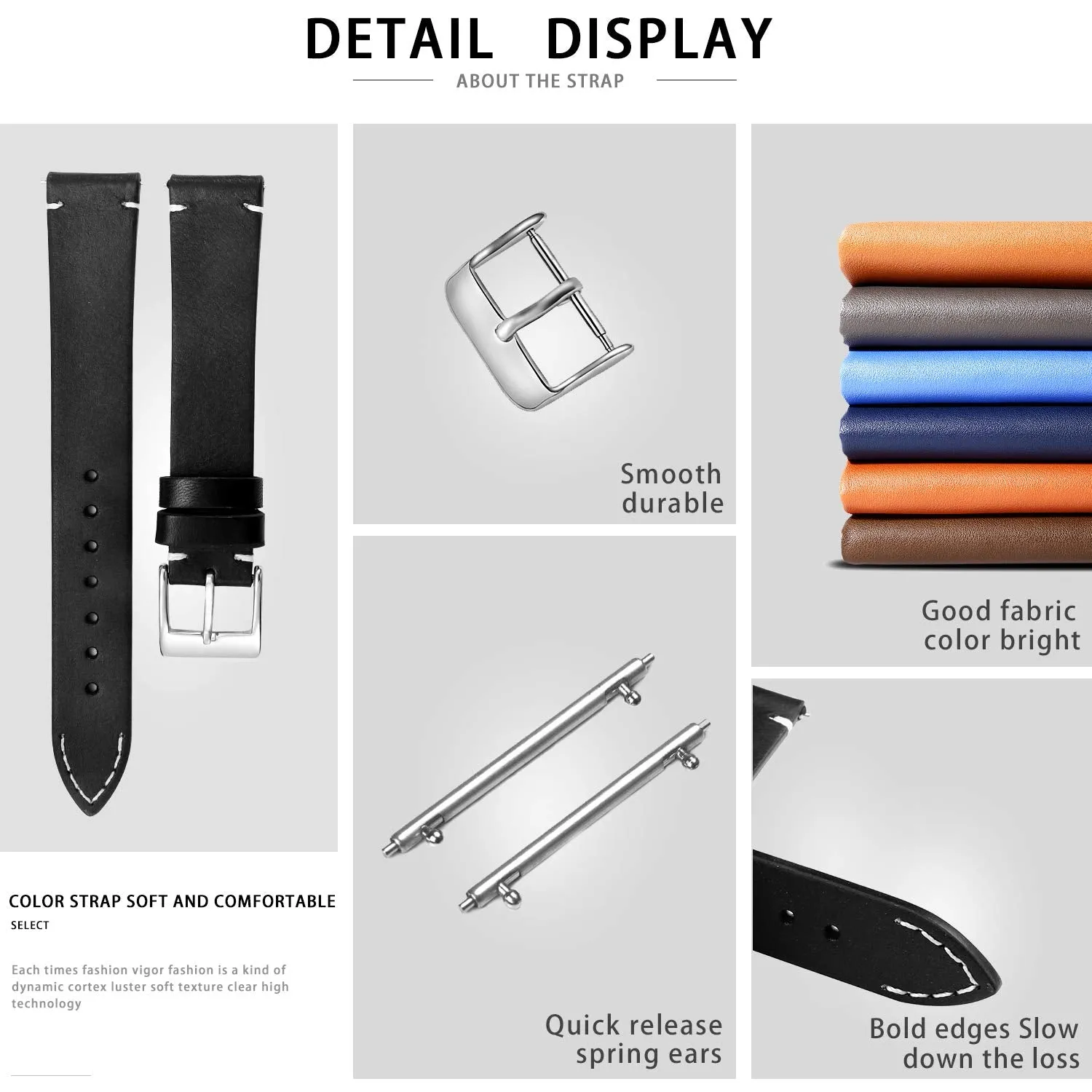 BINLUN Genuine Leather Watch Straps Quick Release Leather Watch Bands with Stainless Metal Buckle Clasp for Men Women 12mm 14mm 16mm 18mm 20mm 22mm 24mm Black