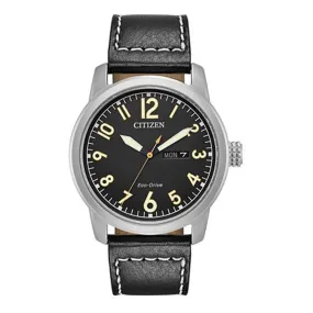 Citizen Mens Black Leather Strap Black Quartz Dial Stainless Steel Case Watch - BM8471-01E