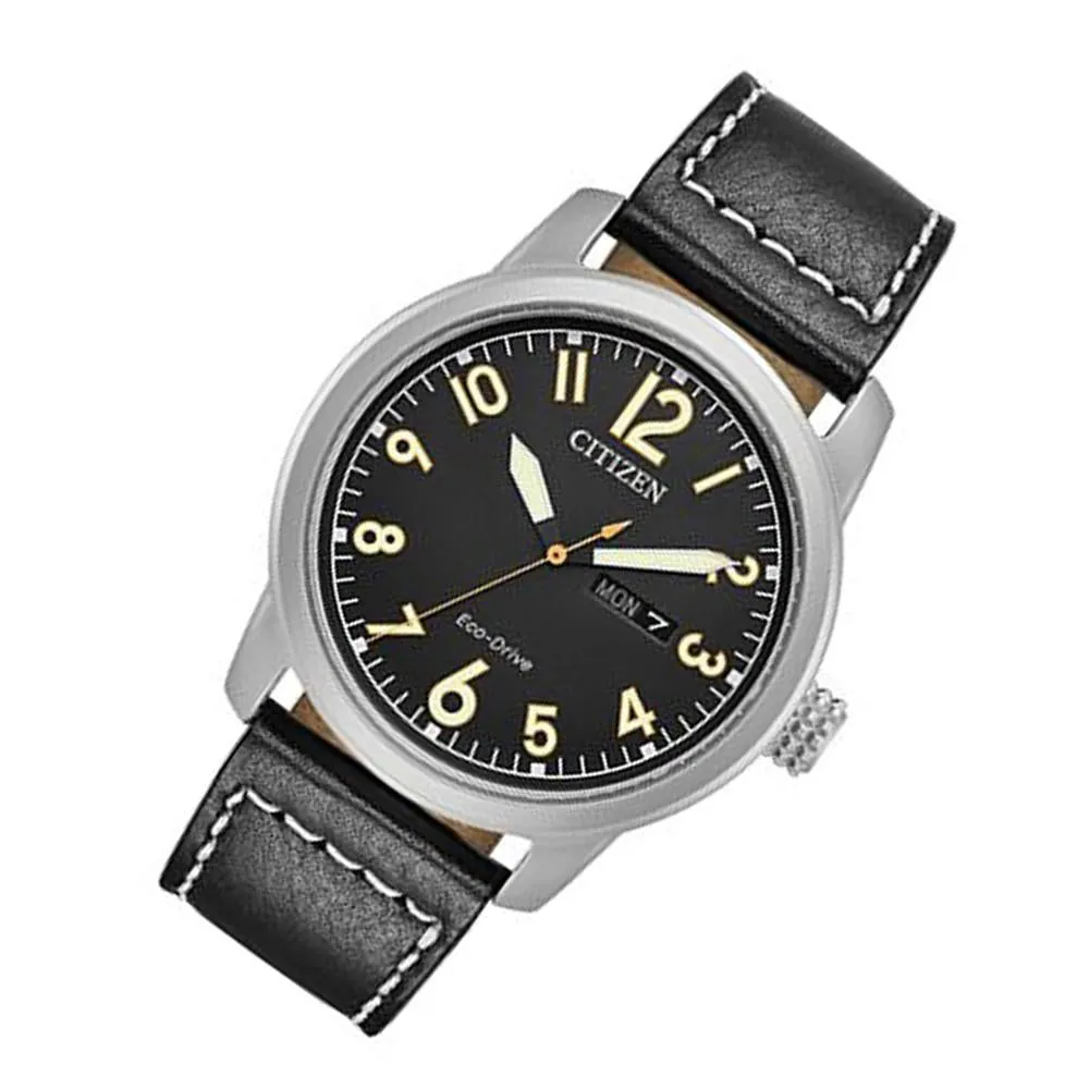 Citizen Mens Black Leather Strap Black Quartz Dial Stainless Steel Case Watch - BM8471-01E