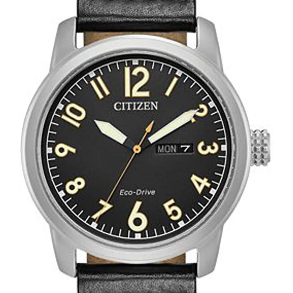 Citizen Mens Black Leather Strap Black Quartz Dial Stainless Steel Case Watch - BM8471-01E