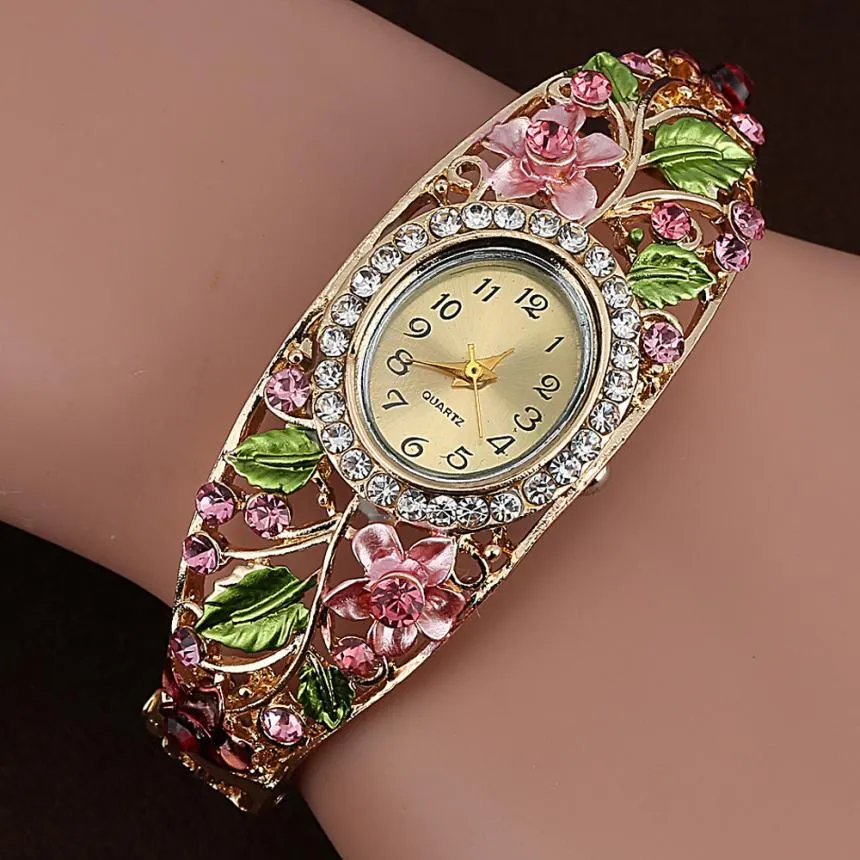 Crystal Flower Bangle Bracelet Watch Reloj Mujer
