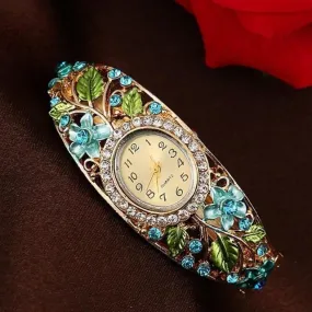 Crystal Flower Bangle Bracelet Watch Reloj Mujer