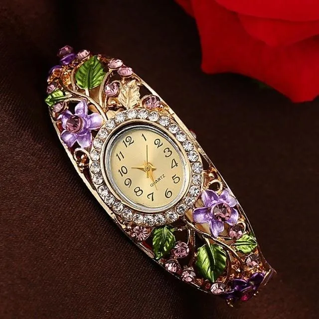 Crystal Flower Bangle Bracelet Watch Reloj Mujer