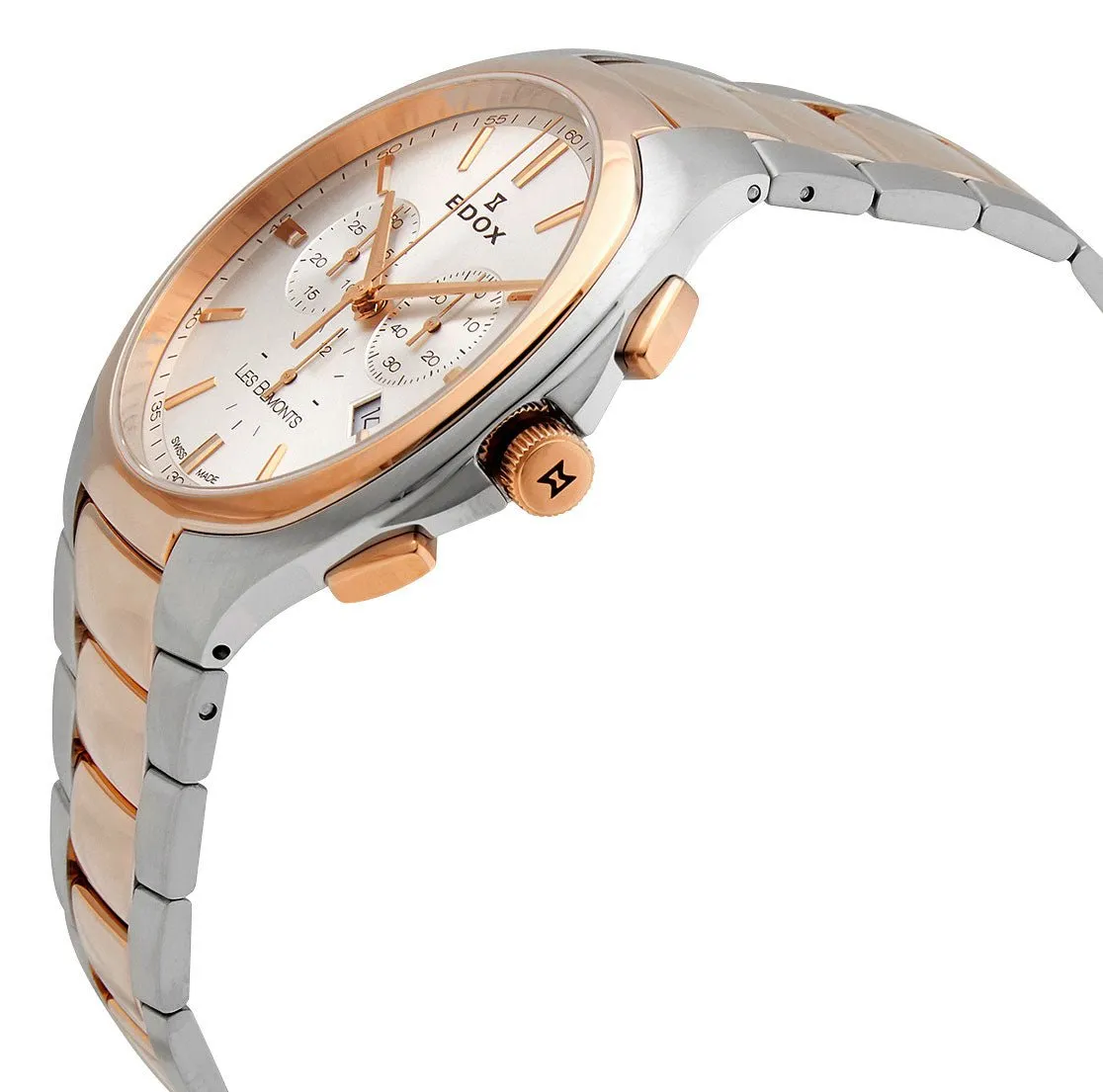 Edox Les Bemonts Chronograph Ultra Slim Two-Tone Stainless Steel Silver Dial Date Quartz Mens Watch 10239-357R-AIR