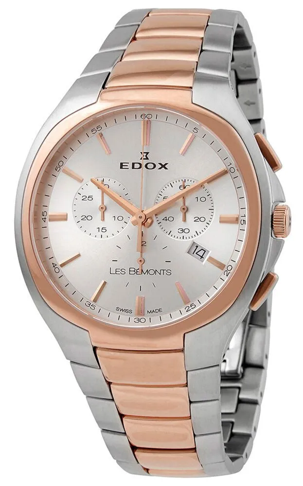 Edox Les Bemonts Chronograph Ultra Slim Two-Tone Stainless Steel Silver Dial Date Quartz Mens Watch 10239-357R-AIR