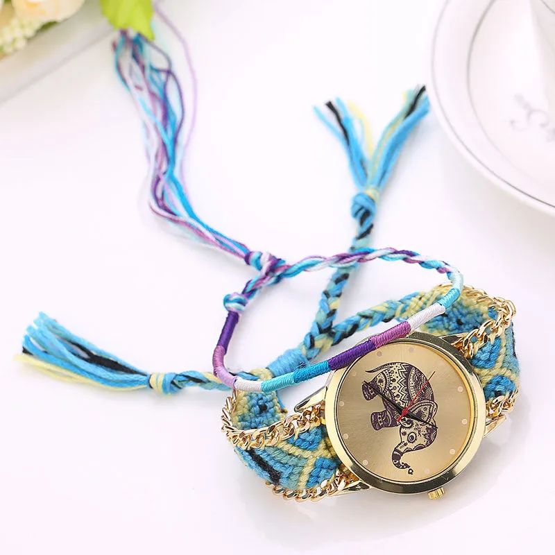 Fashion Women Girl Handmade Weaved Braided Elephant Bracelet Dial Quarzt Watch