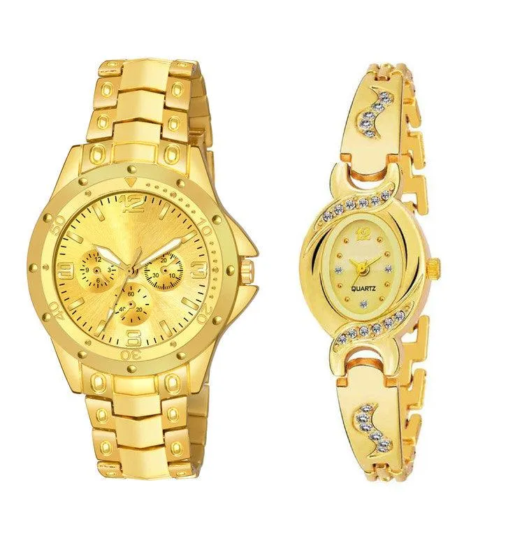 Gold dial Gold Strap Stainless Steel Analog Couple Watchs Designer Fashion Wrist Analog Watch - For Couple