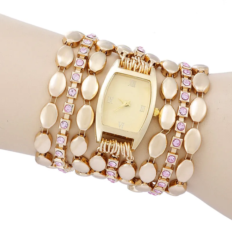 High Quality New Luxury Women Casual Watch Quartz gold Wristwatch Multilayer alloy strap Rhinestone Dress Watch clock hours