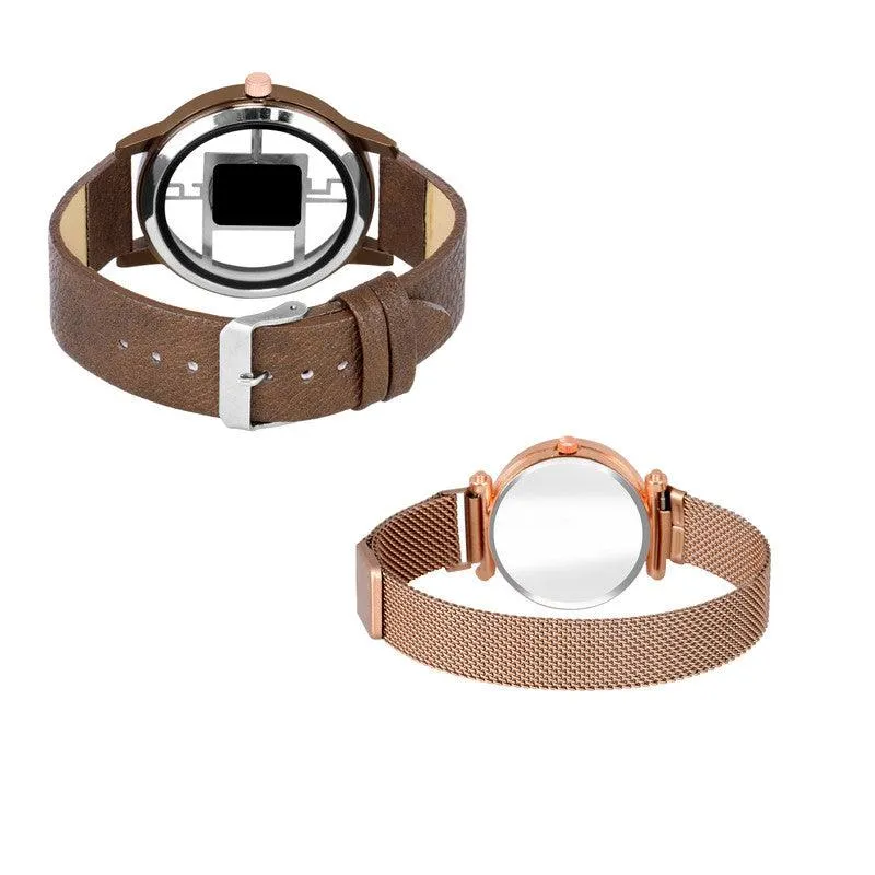 Luxury Mesh Magnet Buckle Starry sky Quartz Watches Couple Fashion Mysterious 6 To 12 Brown Open Leather & 12D  RG Watch New Fashion Analog Watch - For Couple