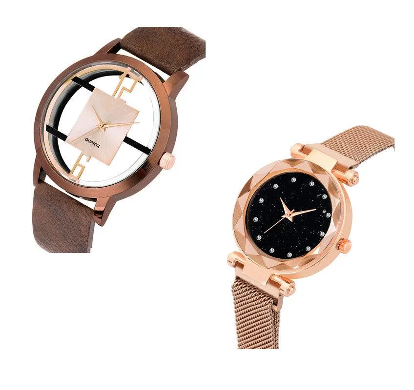 Luxury Mesh Magnet Buckle Starry sky Quartz Watches Couple Fashion Mysterious 6 To 12 Brown Open Leather & 12D  RG Watch New Fashion Analog Watch - For Couple