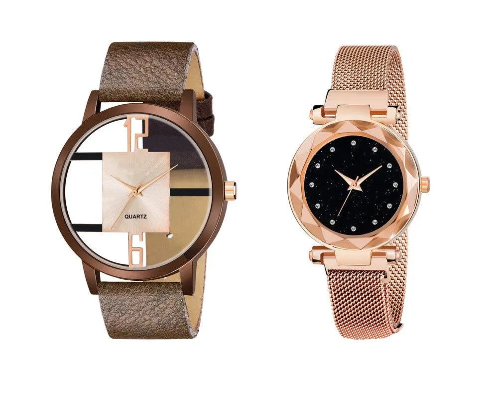 Luxury Mesh Magnet Buckle Starry sky Quartz Watches Couple Fashion Mysterious 6 To 12 Brown Open Leather & 12D  RG Watch New Fashion Analog Watch - For Couple
