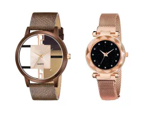 Luxury Mesh Magnet Buckle Starry sky Quartz Watches Couple Fashion Mysterious 6 To 12 Brown Open Leather & 12D  RG Watch New Fashion Analog Watch - For Couple
