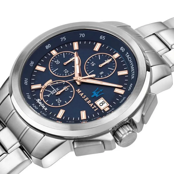 Maserati Successo Silver Chronograph Men's Watch Blue Dial R8873645004