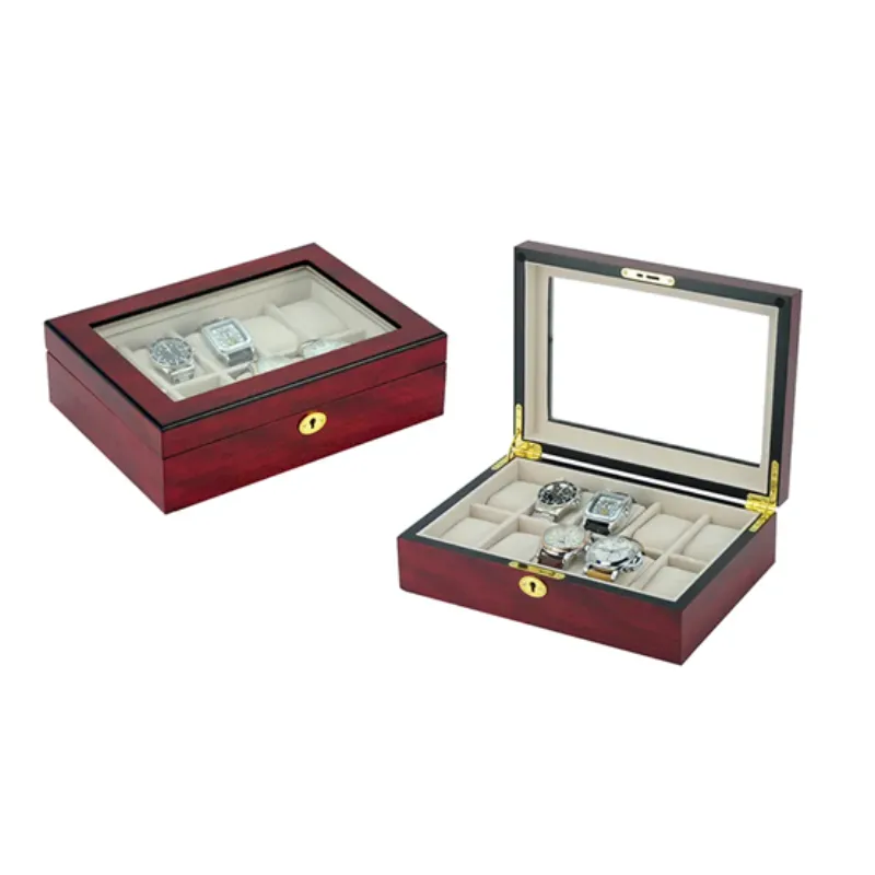 Matte Finish 10 Slots Cherry Wood Watch Box with Gold Lock Key