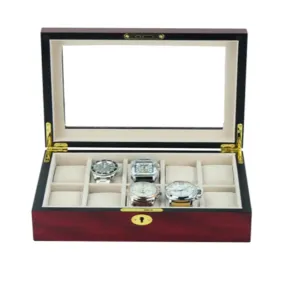 Matte Finish 10 Slots Cherry Wood Watch Box with Gold Lock Key