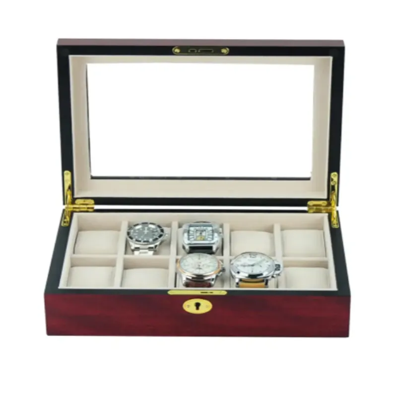 Matte Finish 10 Slots Cherry Wood Watch Box with Gold Lock Key