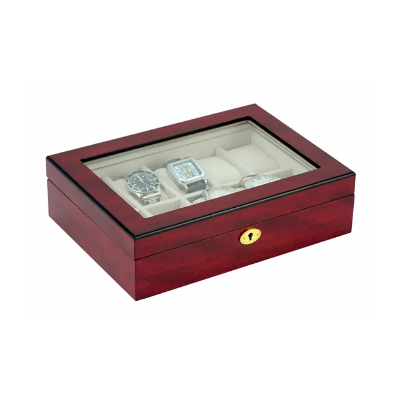 Matte Finish 10 Slots Cherry Wood Watch Box with Gold Lock Key