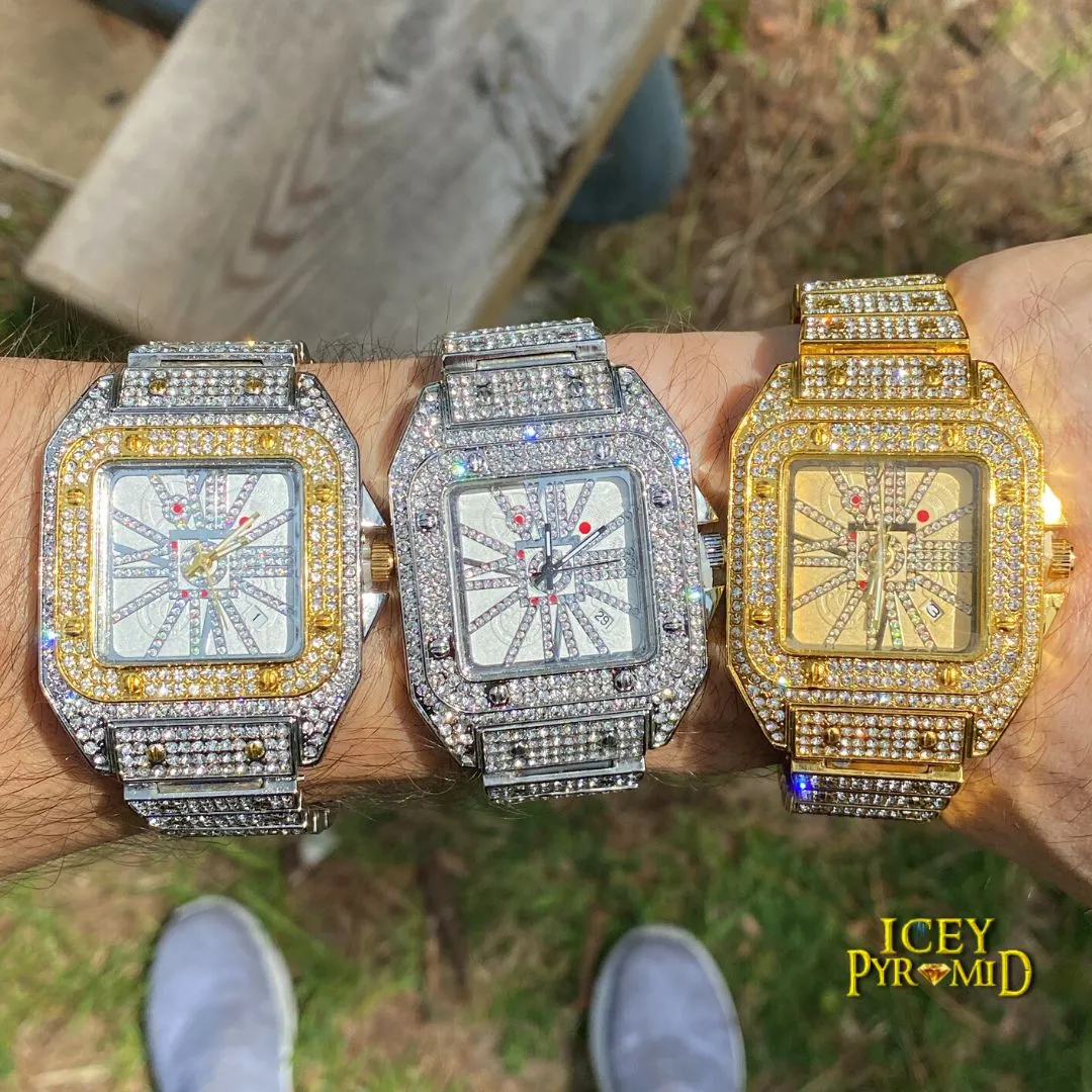 Square Special Red Dial Date Iced Out Diamond Watch