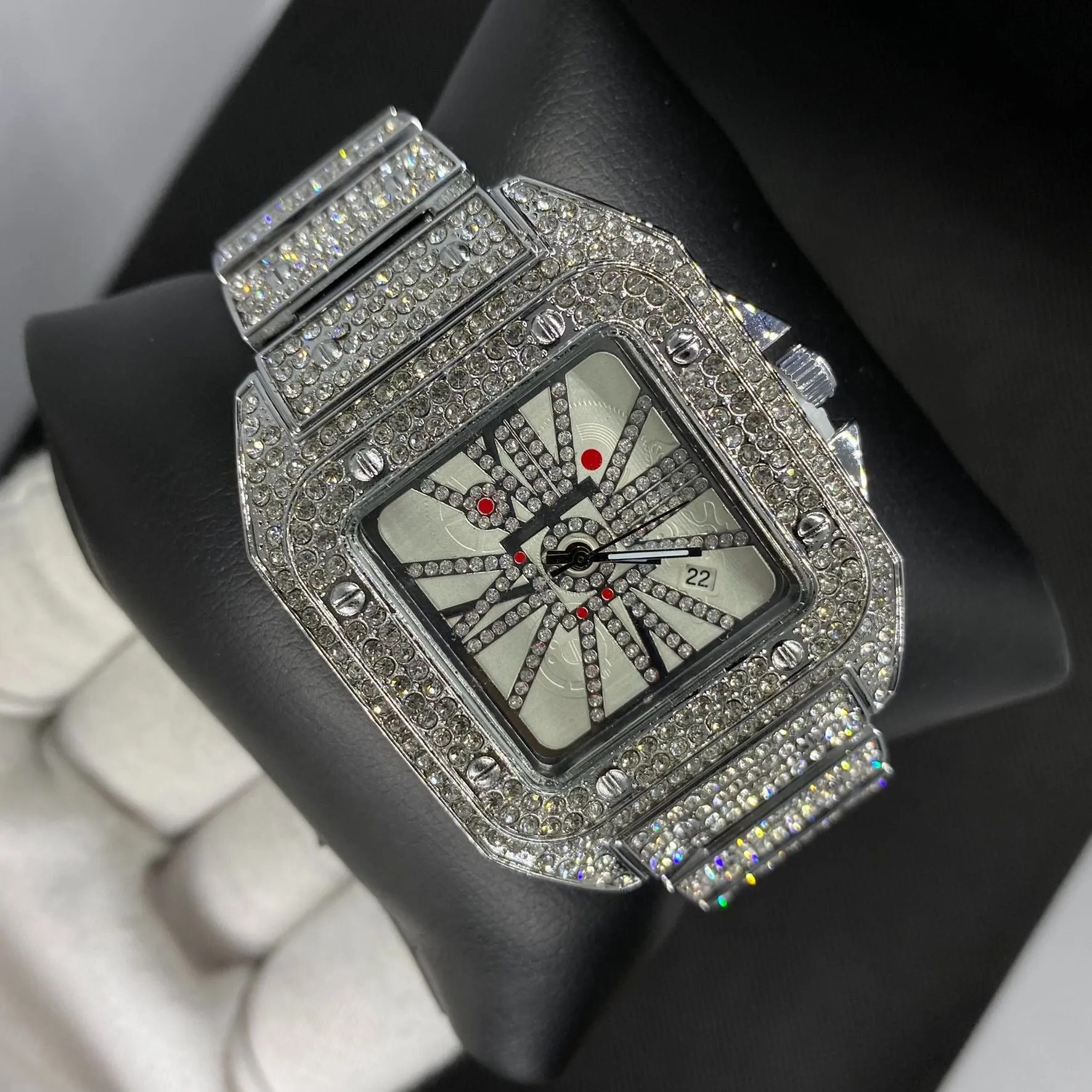 Square Special Red Dial Date Iced Out Diamond Watch