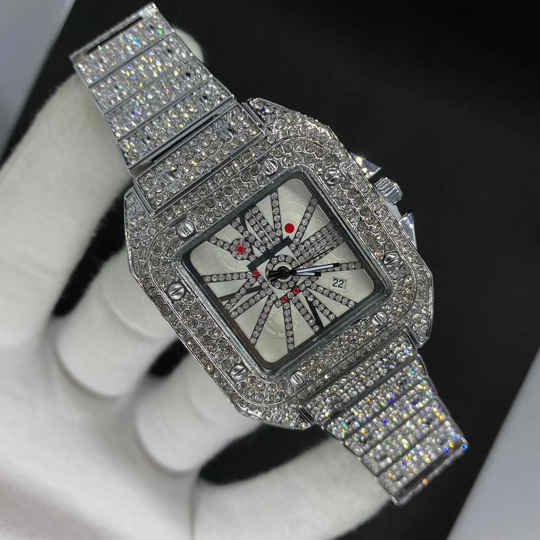 Square Special Red Dial Date Iced Out Diamond Watch