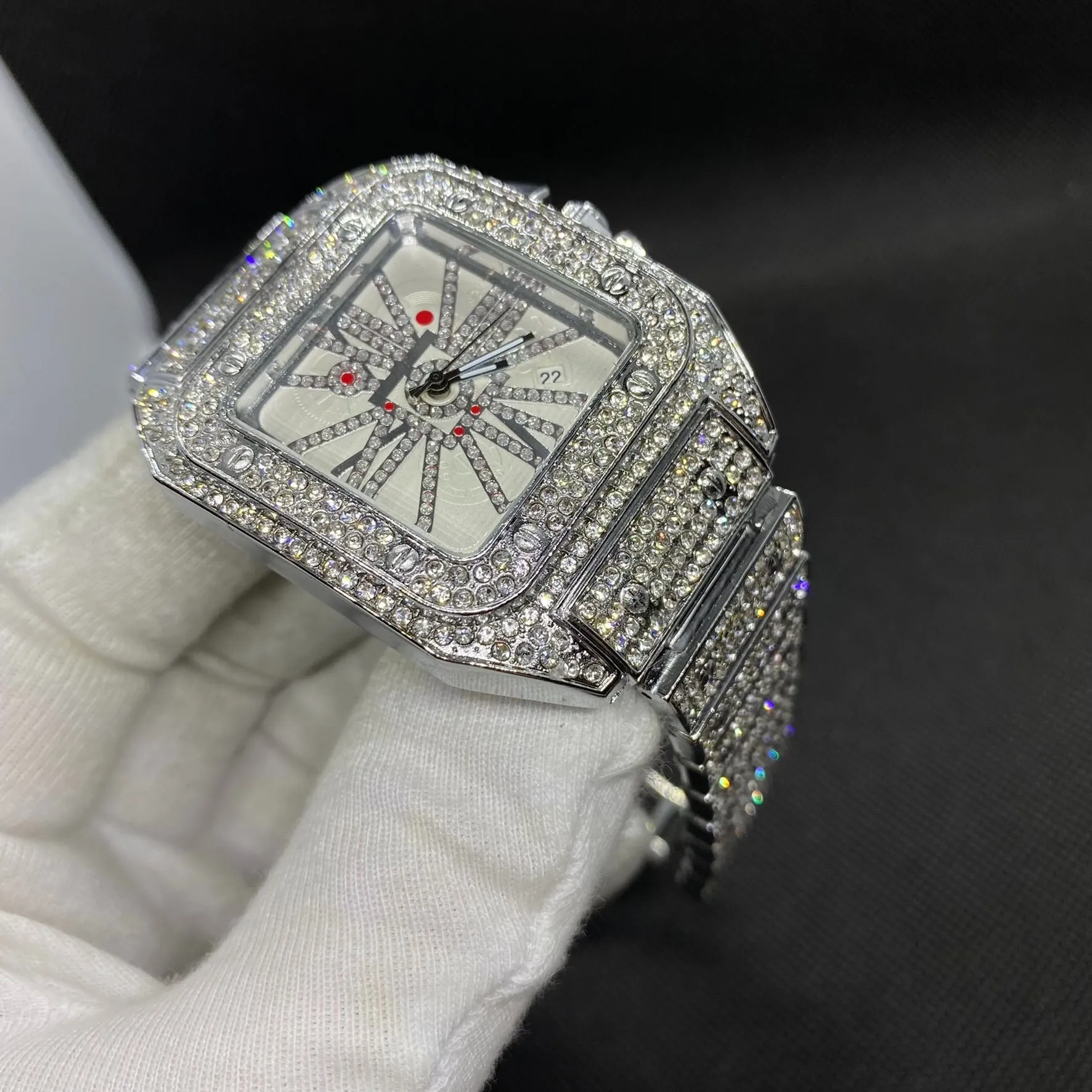 Square Special Red Dial Date Iced Out Diamond Watch