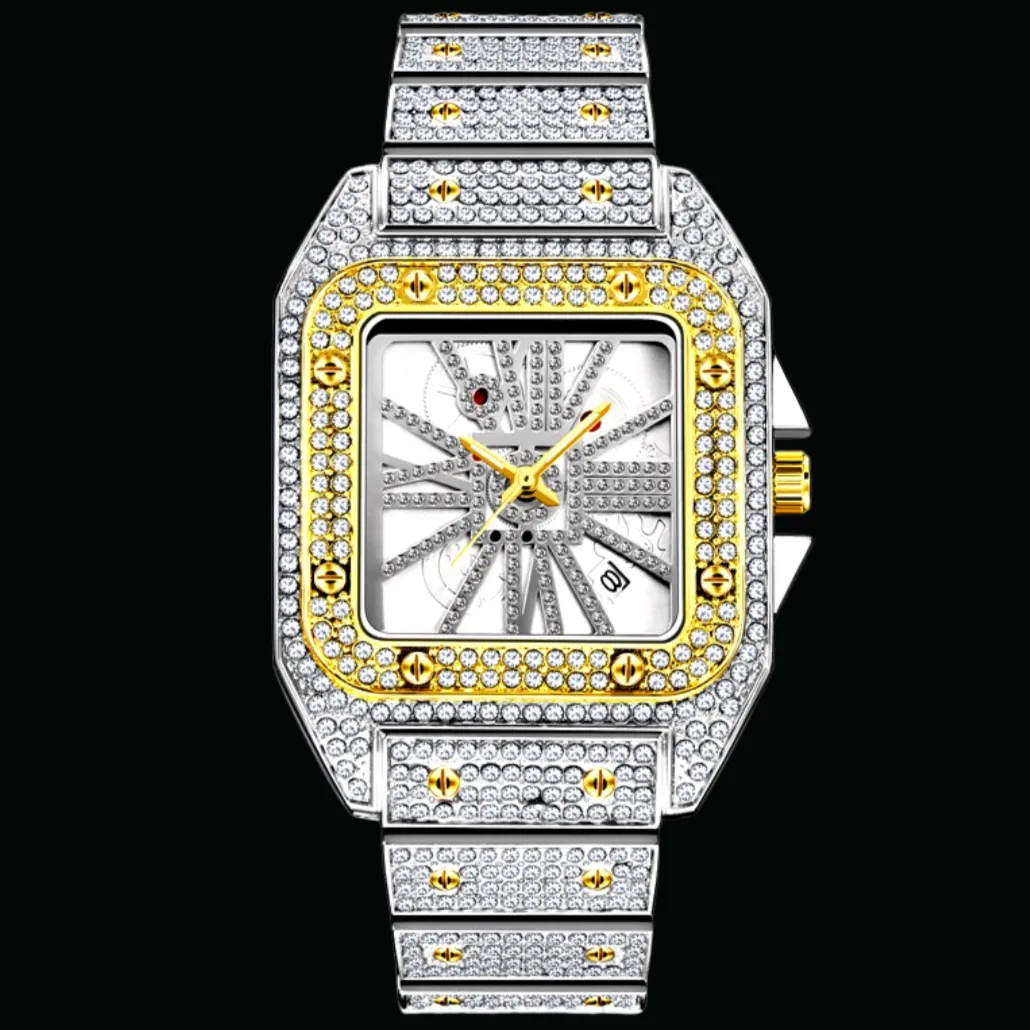 Square Special Red Dial Date Iced Out Diamond Watch