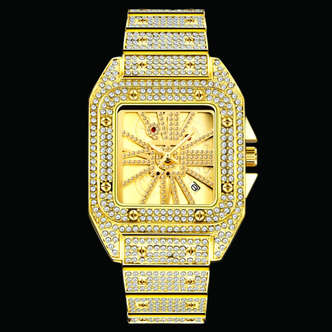 Square Special Red Dial Date Iced Out Diamond Watch