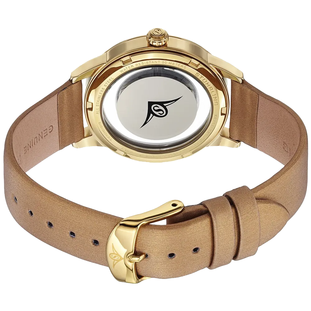 Stuhrling Original Womens 946L 03 Winchester Swarovski Crystal Accented 23k Gold Layered Watch with Champagne Leather Band