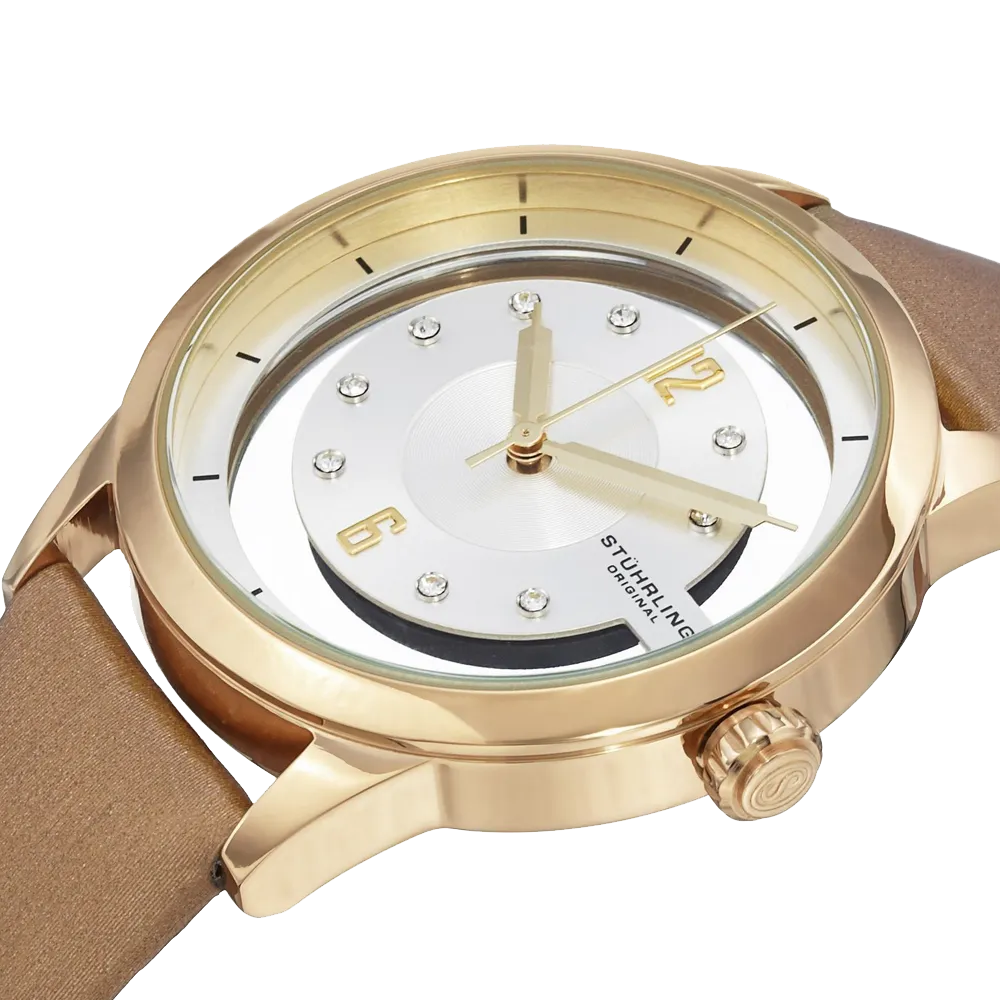 Stuhrling Original Womens 946L 03 Winchester Swarovski Crystal Accented 23k Gold Layered Watch with Champagne Leather Band