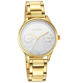 Titan Women's Watch White Dial Gold Stainless Steel Strap Watch, 2670YM01